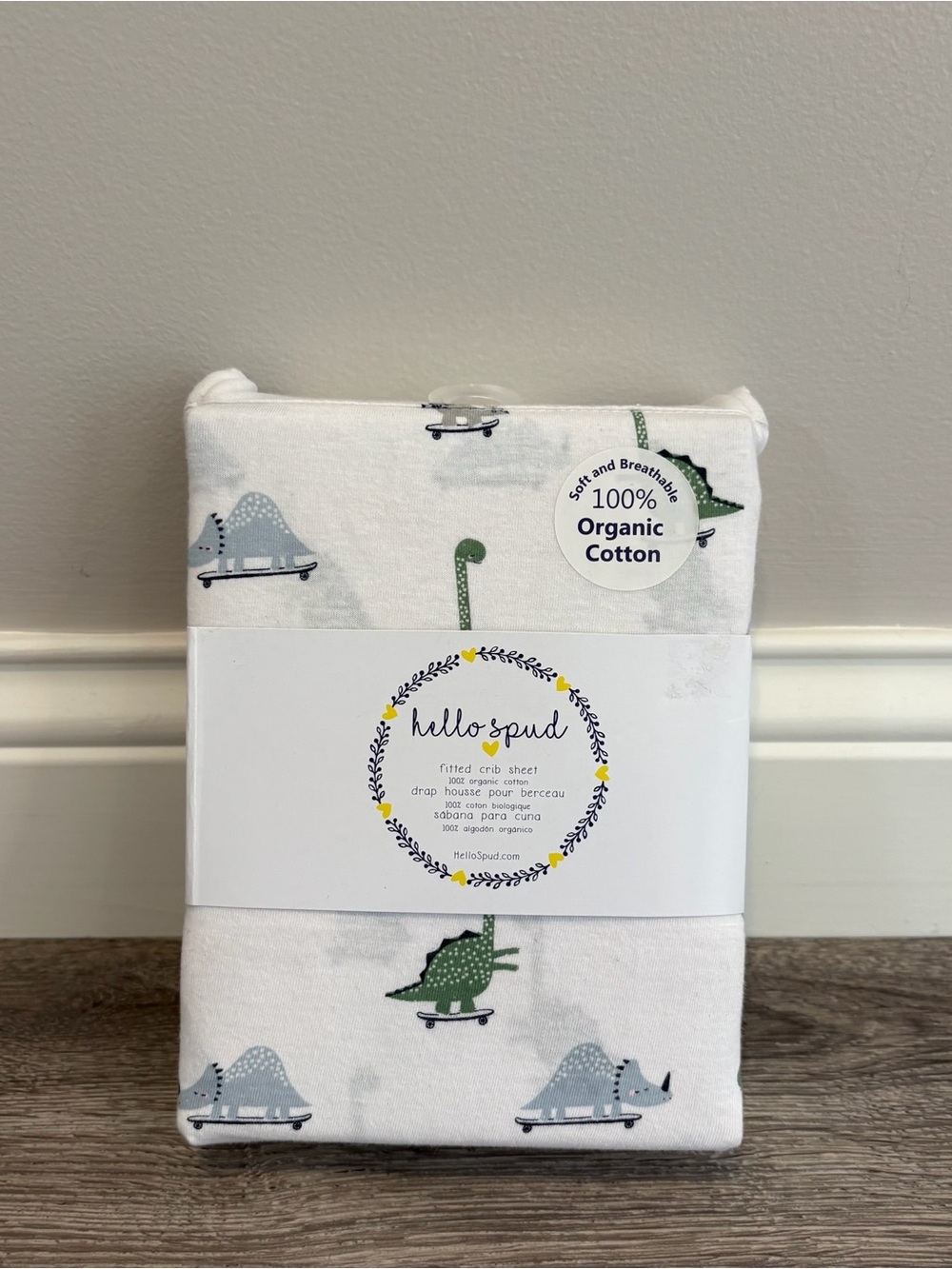 Hello Spud Organic Cotton Crib Sheet – White with Green & Gray Dino Print